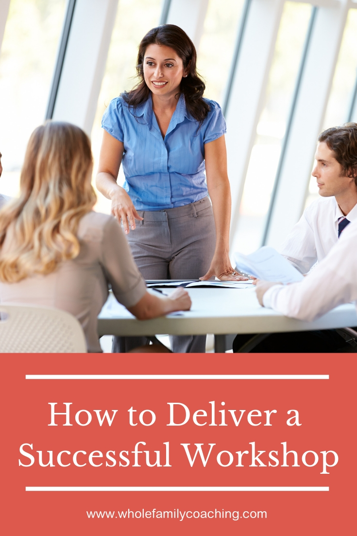 Deliver a Successful Workshop - Whole Family Coaching. Female Health Coach Facilitating Wellness Workshop in Corporate Office Setting.